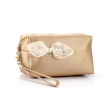 lace bow-knot female cosmetic bag PU leather makeup bag with lace bow PU cosmetic pouch bag